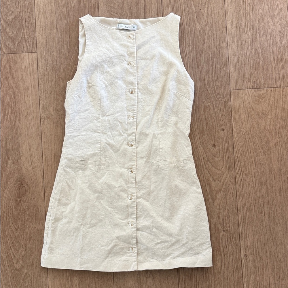 Mango Cream Linen dress with Button Detail
